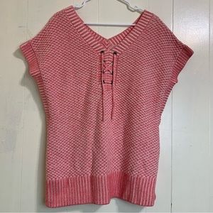 ISAAC MIZRAHI Pink Short Sleeve Lace Up V-Neck Sweater Blouse Top Size Medium